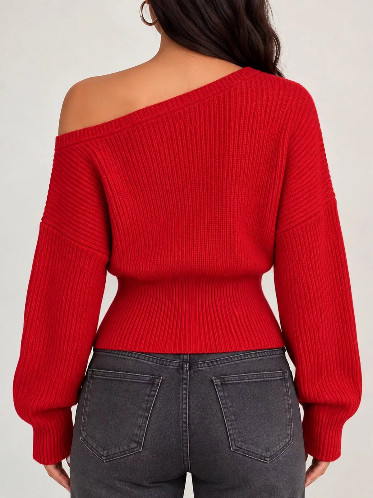 One Shoulder Ribbed Knit Sweater