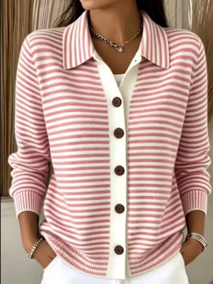 Striped Collared Button-Down Knit Cardigan