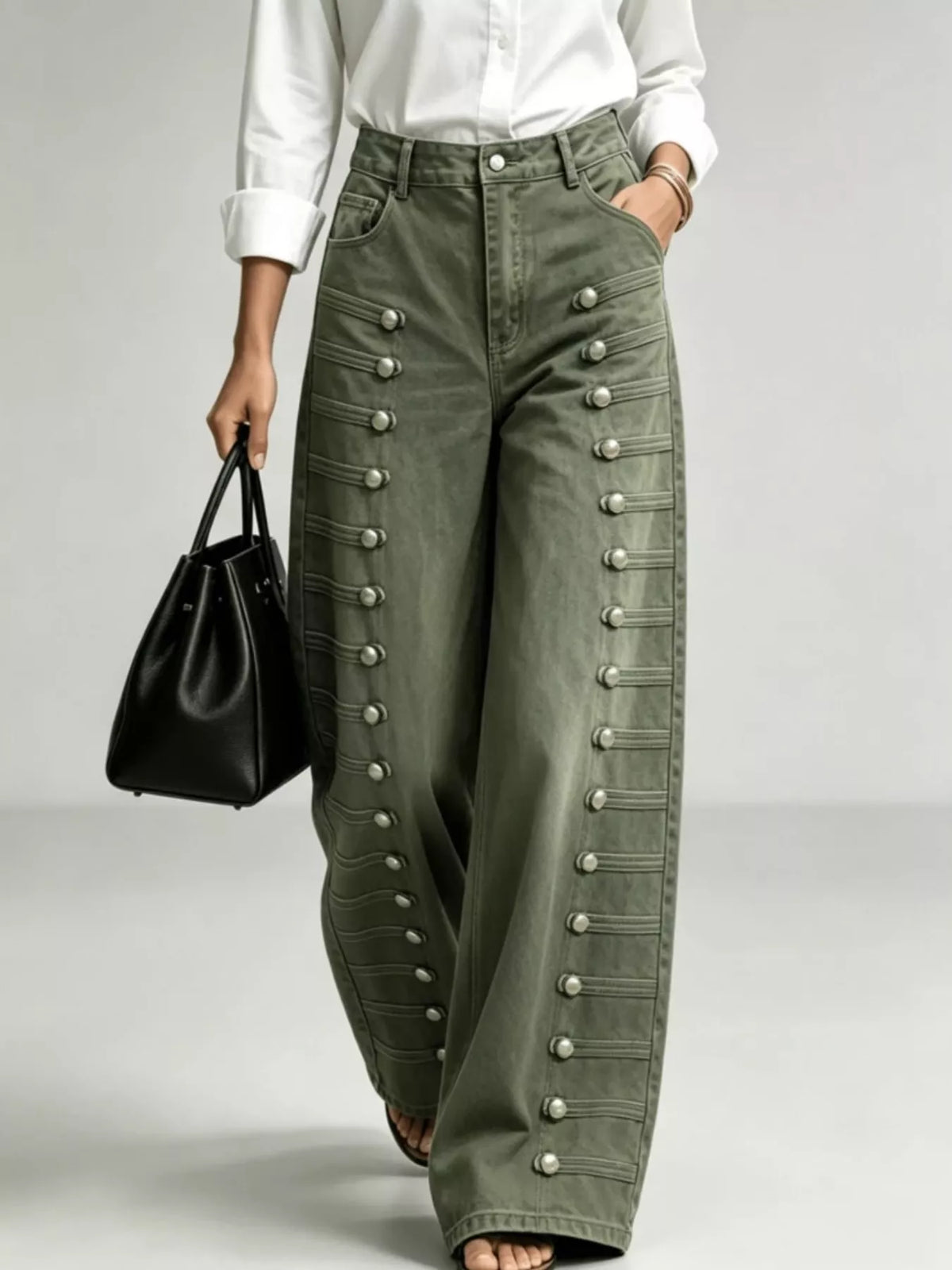 Decorative Button Wide-Leg Jeans