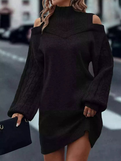 Cold Shoulder Cable Knit Mock Neck Sweater Dress