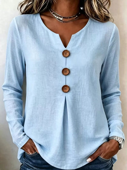 Full Size Long Sleeve Blouse with Decorative Wooden Buttons Plus Size
