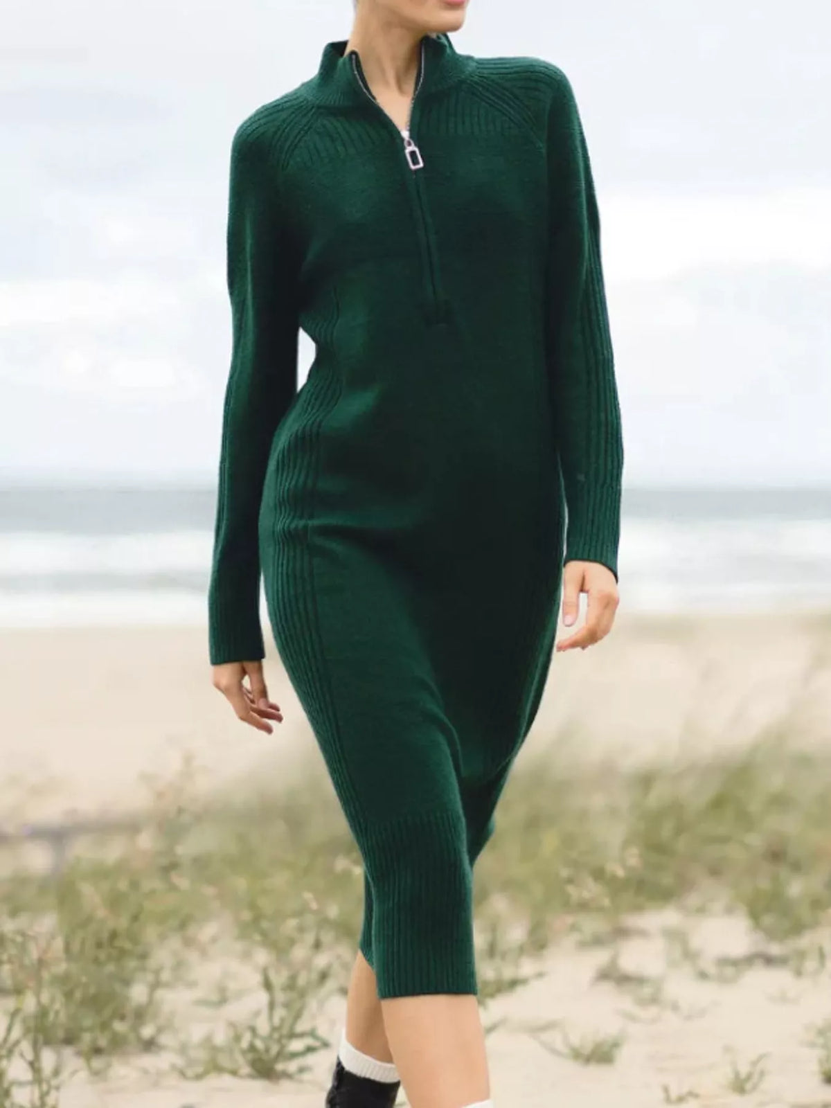 Half-Zip Ribbed Knit Sweater Dress