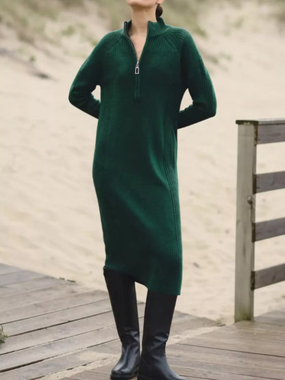 Half-Zip Ribbed Knit Sweater Dress