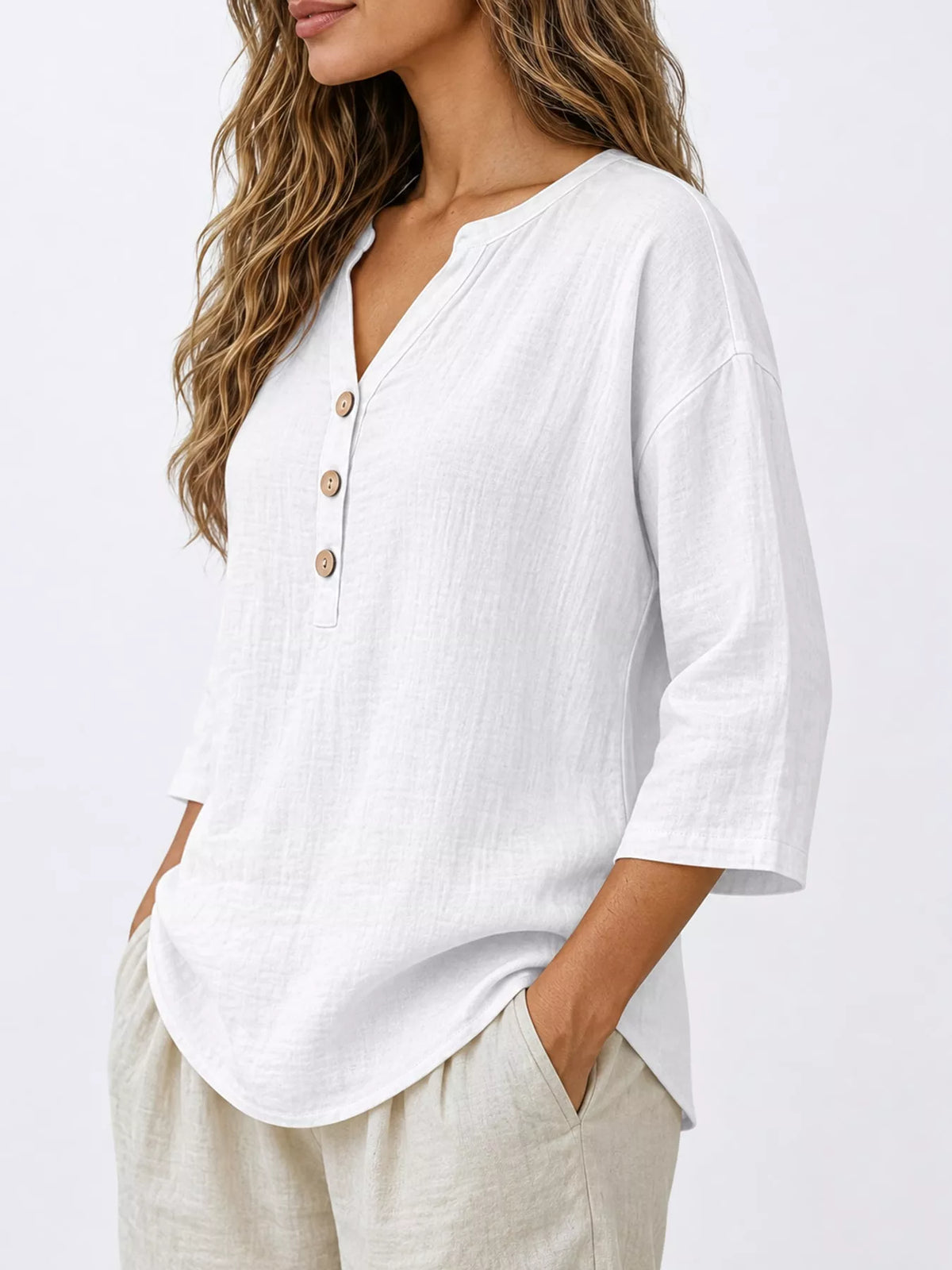 Full Size Button Detail Notched 3/4 Sleeve Blouse Plus Size