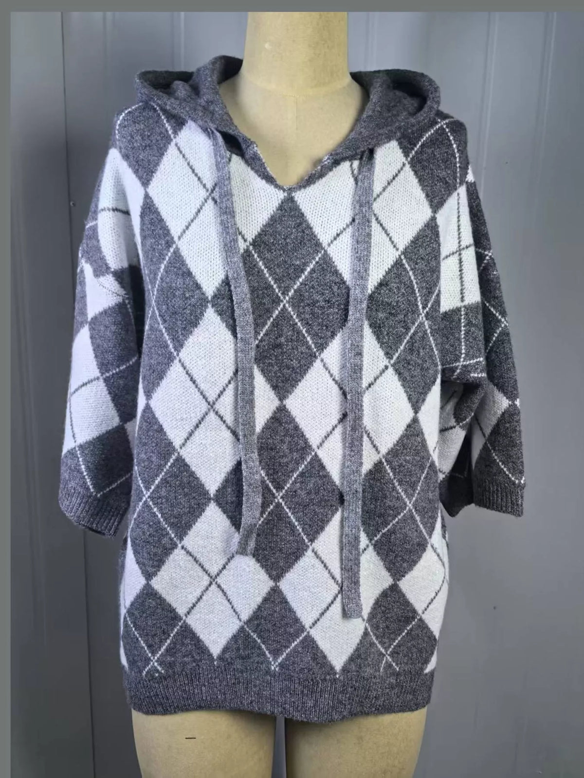 Full Size Argyle Pattern Hooded Sweater Plus Size