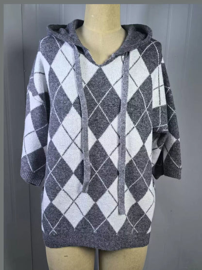 Full Size Argyle Pattern Hooded Sweater Plus Size