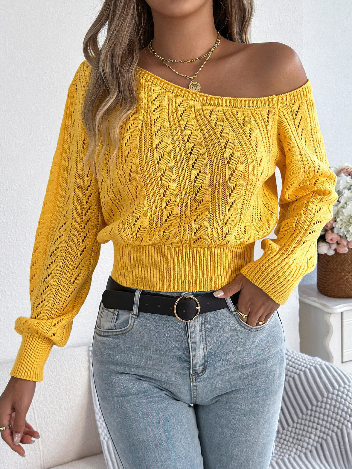 Openwork One Shoulder Sweater