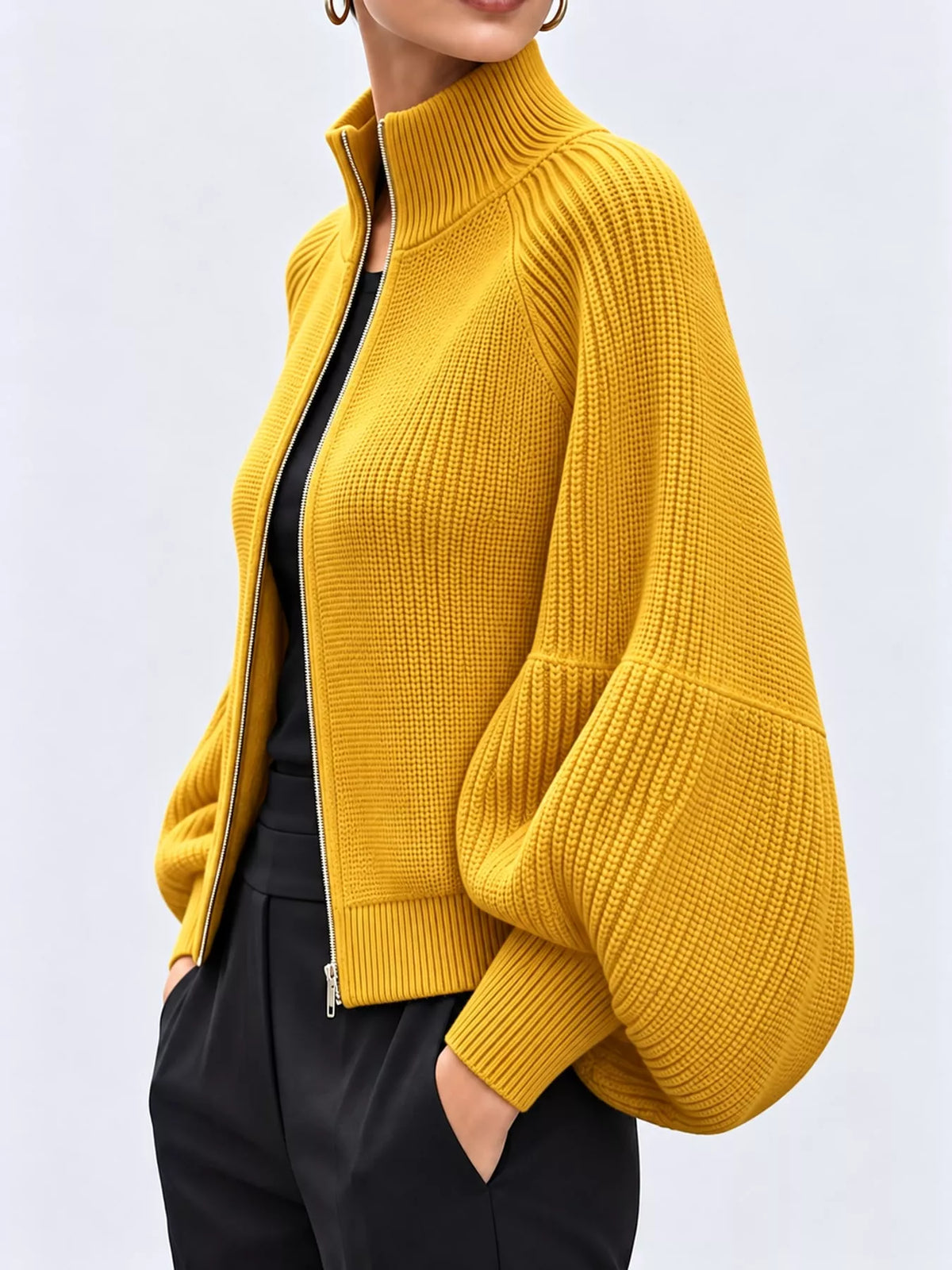 Full Size Elegant Ribbed Knit Zip-Up Cardigan with Lantern Sleeves Plus Size
