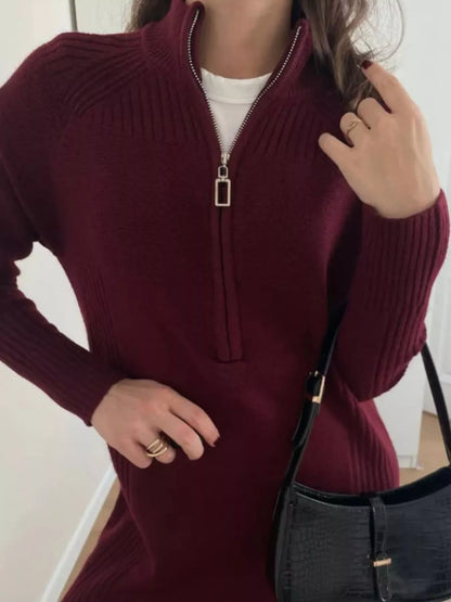 Half-Zip Ribbed Knit Sweater Dress