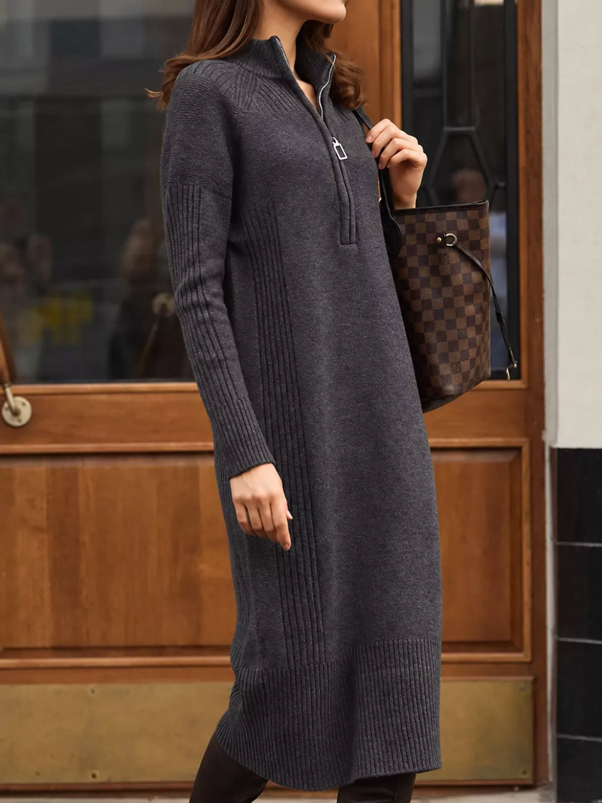 Half-Zip Ribbed Knit Sweater Dress