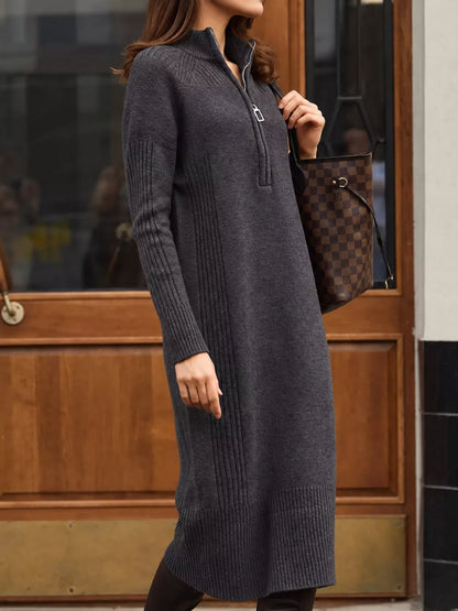 Half-Zip Ribbed Knit Sweater Dress