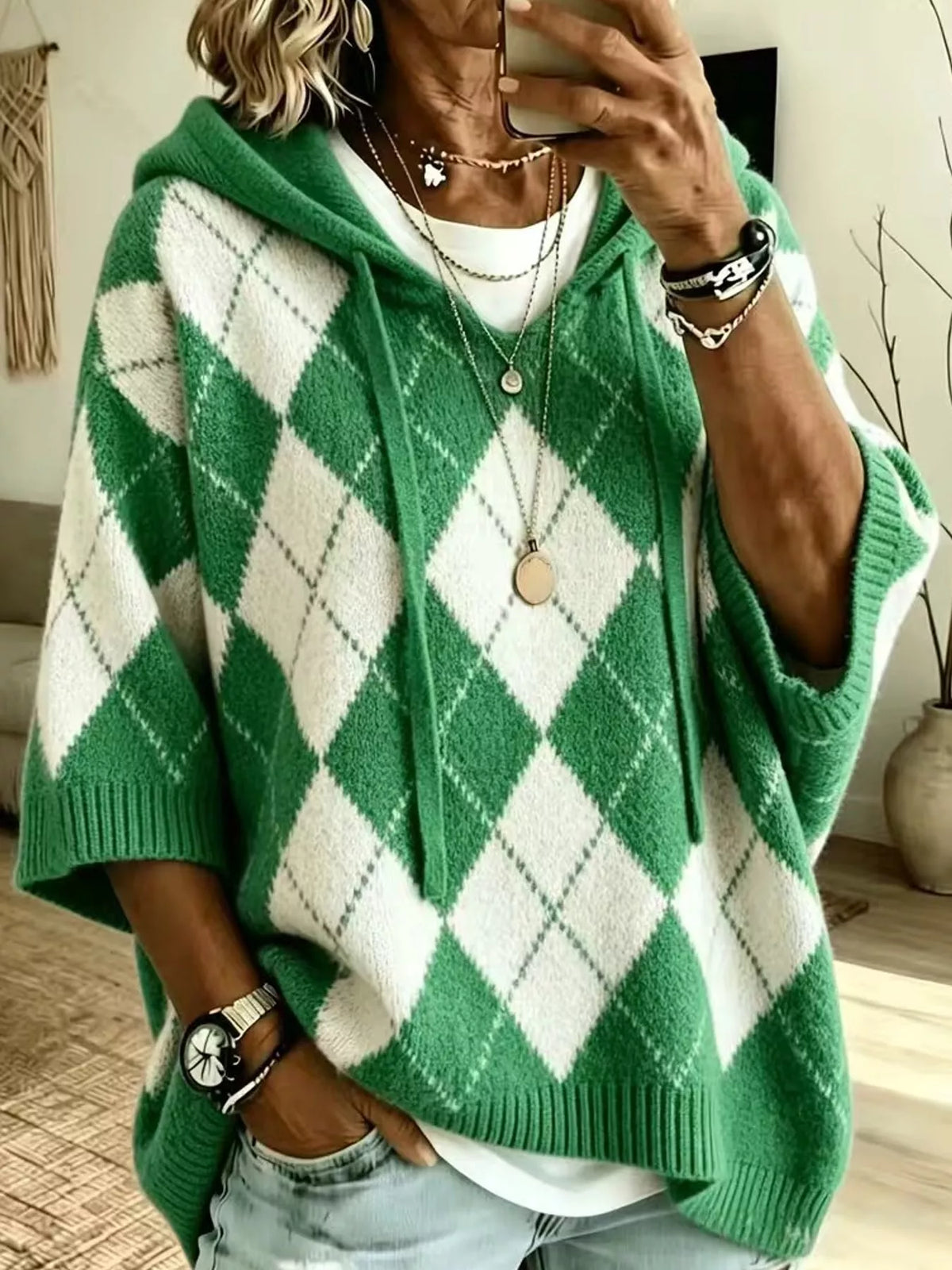 Full Size Argyle Pattern Hooded Sweater Plus Size