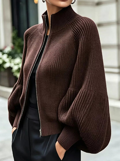 Full Size Elegant Ribbed Knit Zip-Up Cardigan with Lantern Sleeves Plus Size