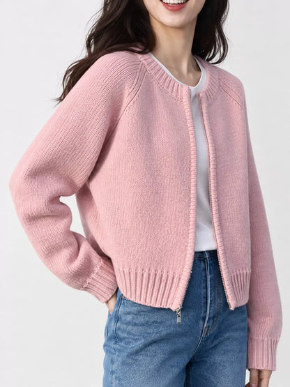 Ribbed Hem Zip-Up Cardigan