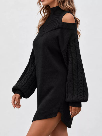 Cold Shoulder Cable Knit Mock Neck Sweater Dress