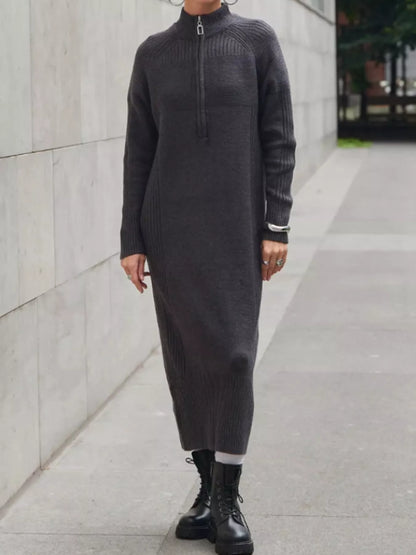 Half-Zip Ribbed Knit Sweater Dress