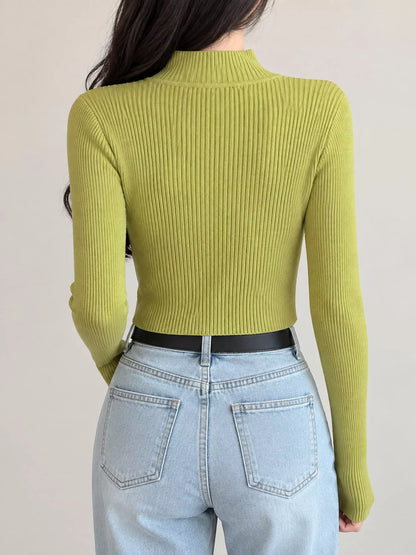 Elegant Slim-Fit Ribbed Mock Neck Knit Top