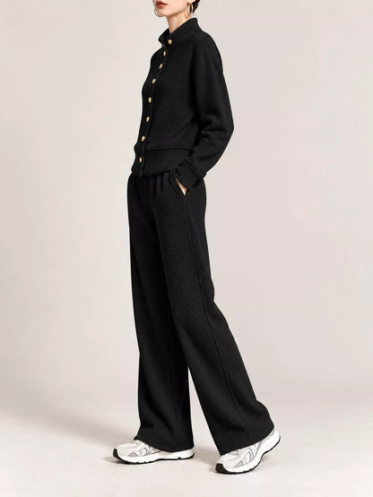 Waffle Knit Button-Up Outerwear and Wide-Leg Pants Set