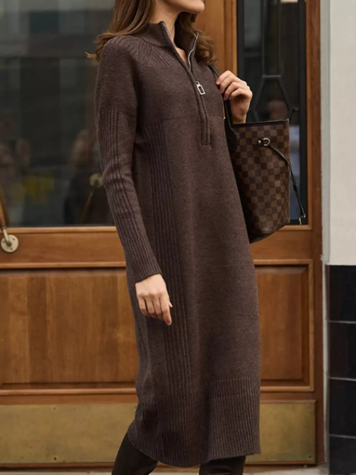 Half-Zip Ribbed Knit Sweater Dress