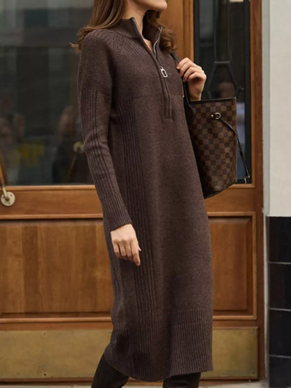 Half-Zip Ribbed Knit Sweater Dress