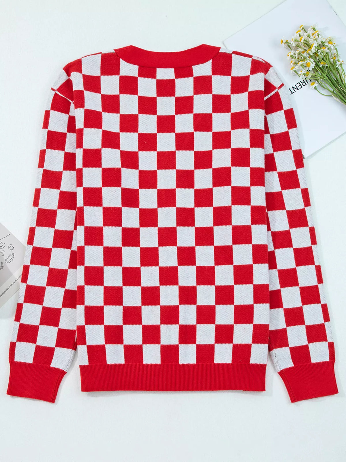 Christmas Tree Pattern Checkered Button V Neck Cardigan