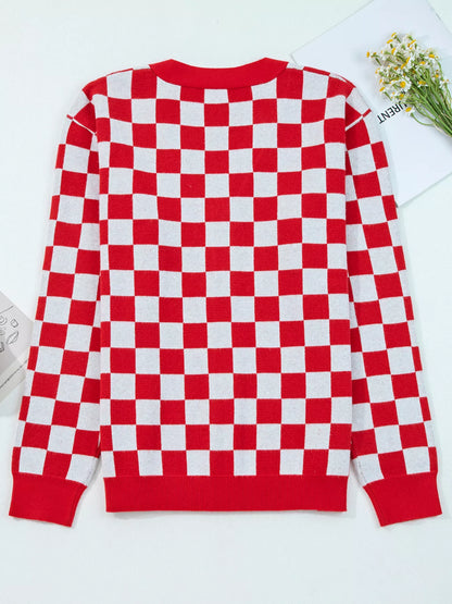 Christmas Tree Pattern Checkered Button V Neck Cardigan