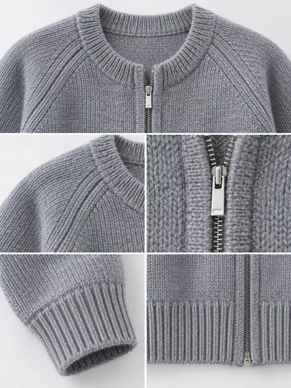 Ribbed Hem Zip-Up Cardigan