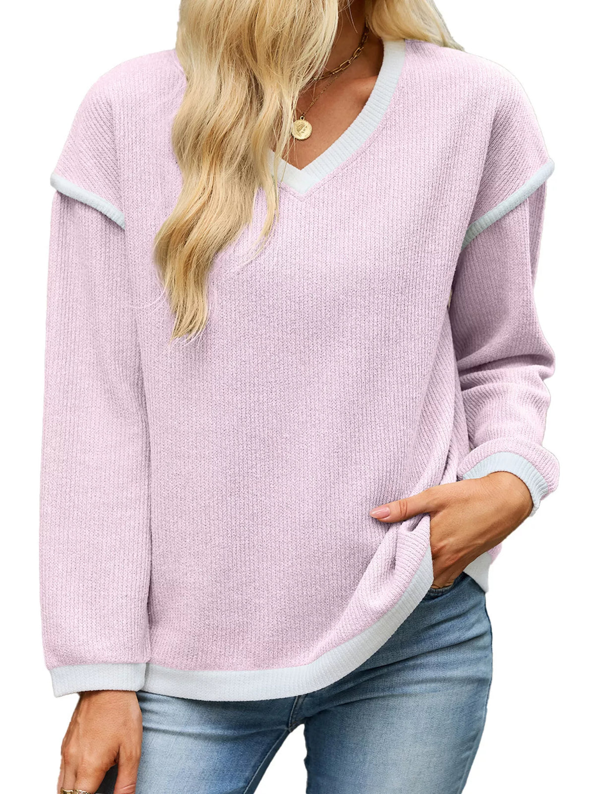 Casual V-Neck Dropped Shoulder Sweater