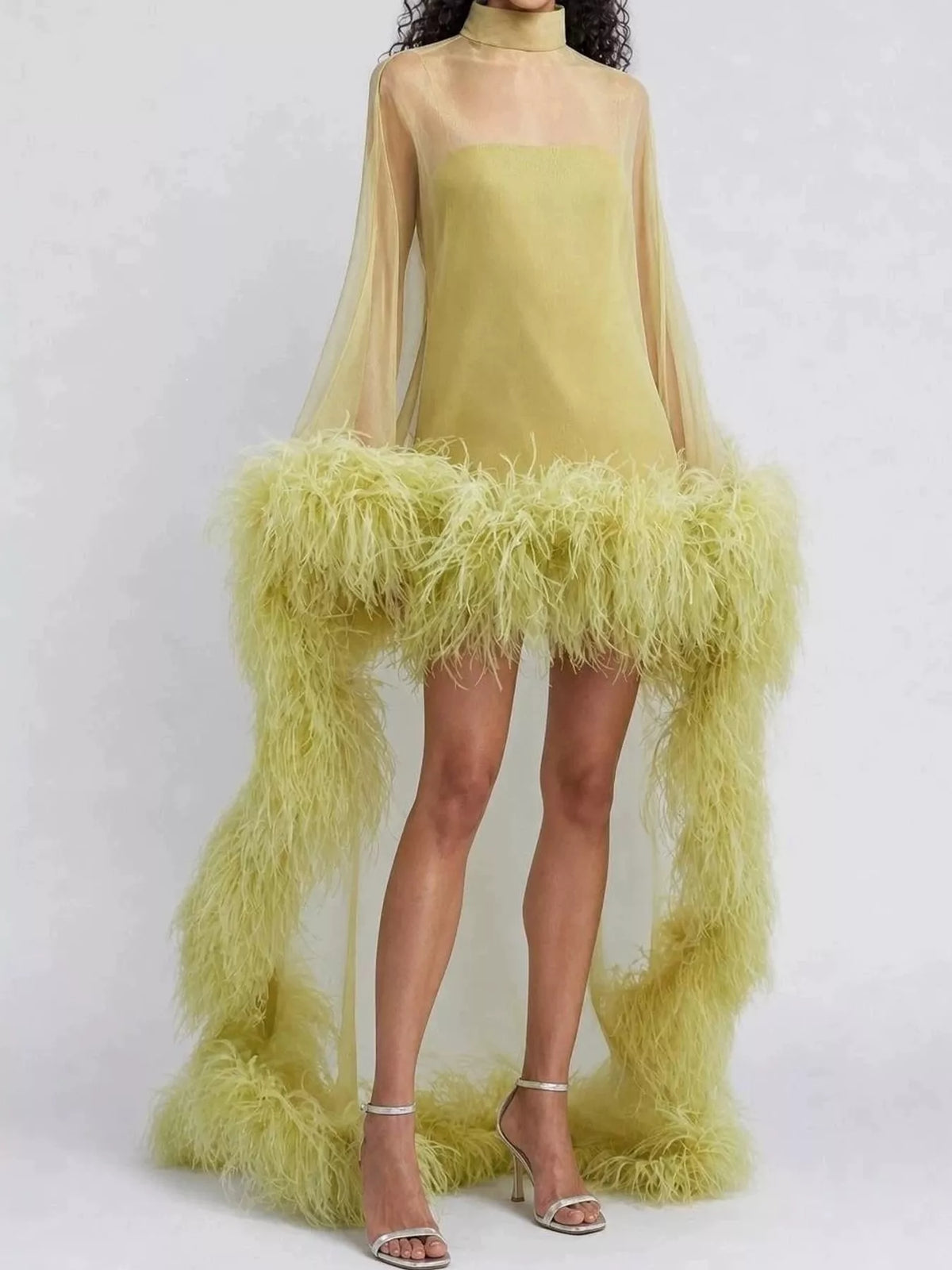 Feather-Trimmed Sheer Mock Neck Mini Dress