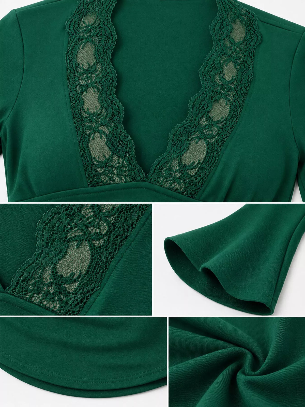 Lace Trim V-Neck Long Sleeve Slim Fit T-Shirt