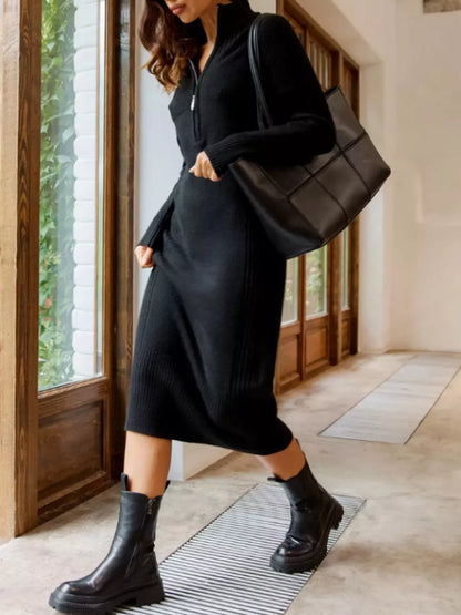 Half-Zip Ribbed Knit Sweater Dress