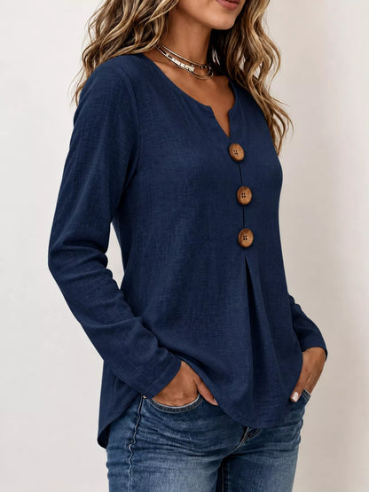 Full Size Long Sleeve Blouse with Decorative Wooden Buttons Plus Size