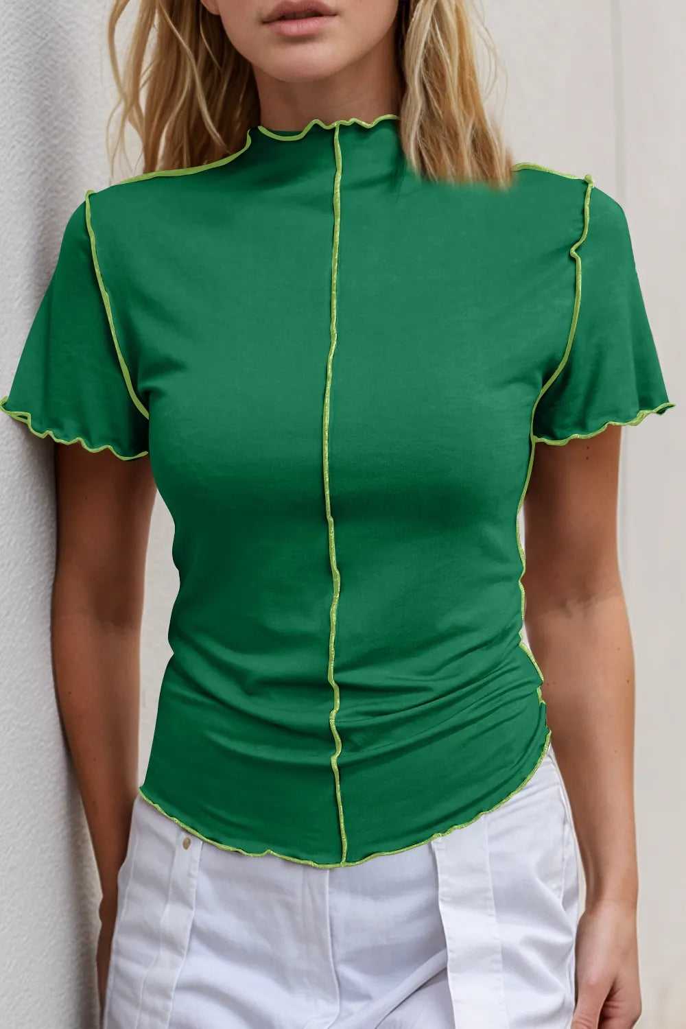 Basic Bae Mock Neck Wave Edge Contrast Stitching Ruffle Short Sleeve Slim Fit Casual Top