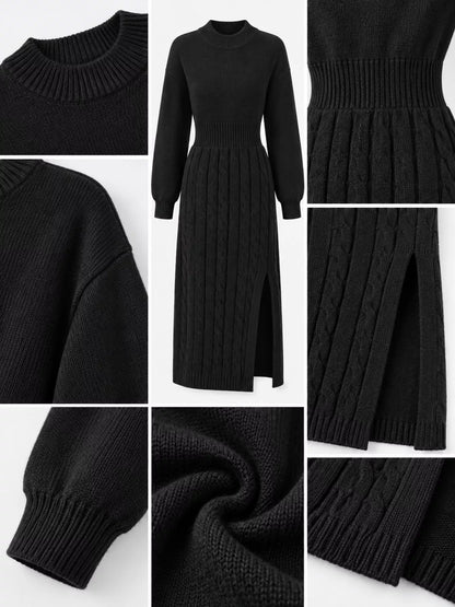 Full Size Mock Neck Cable Knit Sweater Dress with Front Slit Plus Size