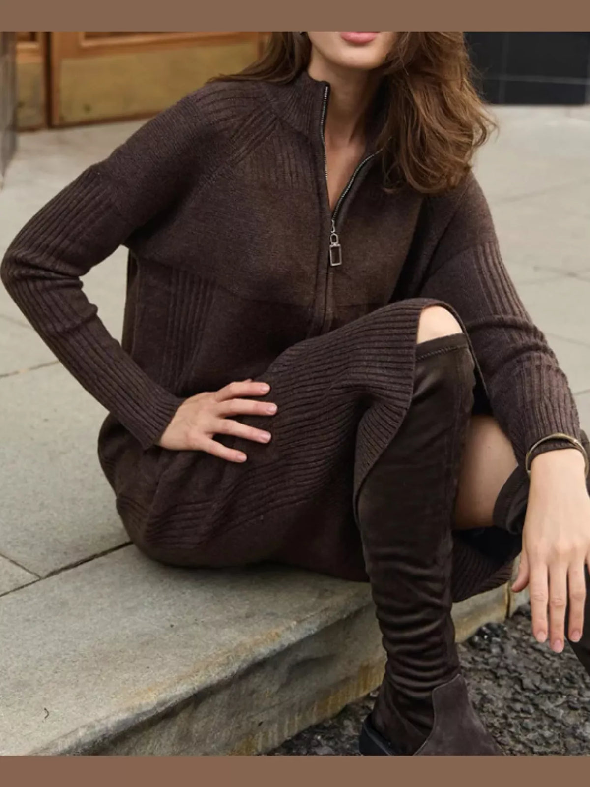 Half-Zip Ribbed Knit Sweater Dress