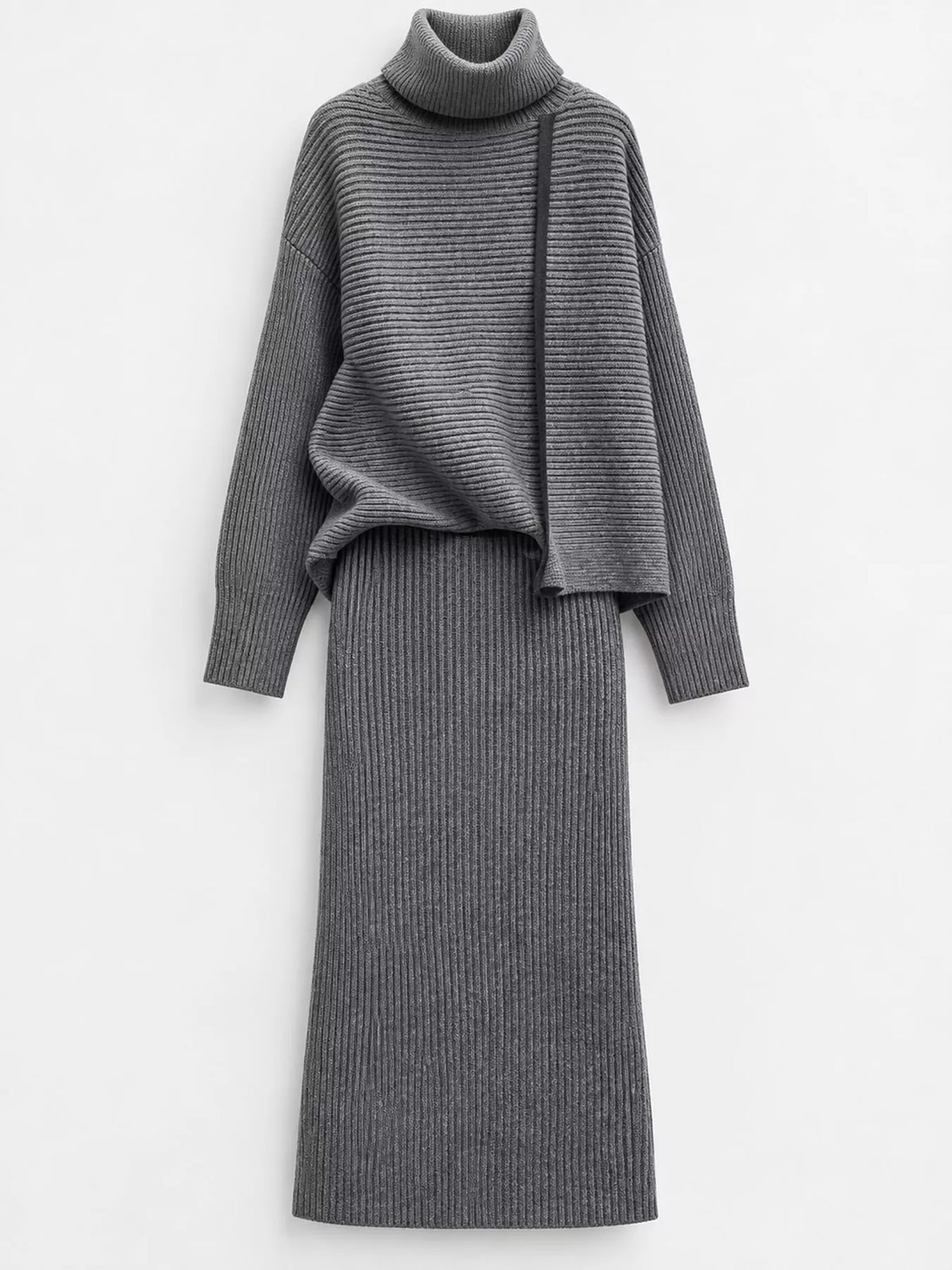 Ribbed Turtleneck Sweater Set with Matching Midi Skirt