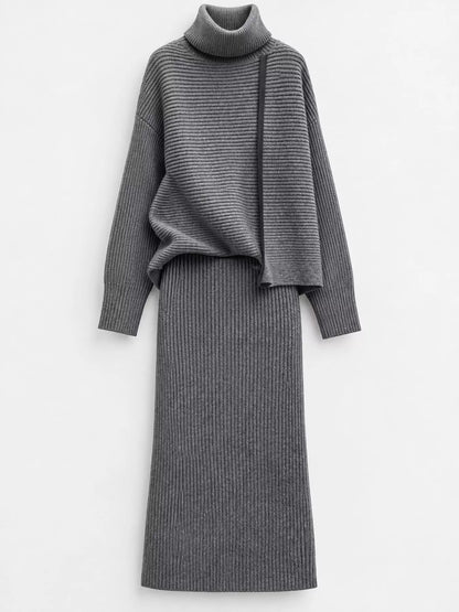 Ribbed Turtleneck Sweater Set with Matching Midi Skirt