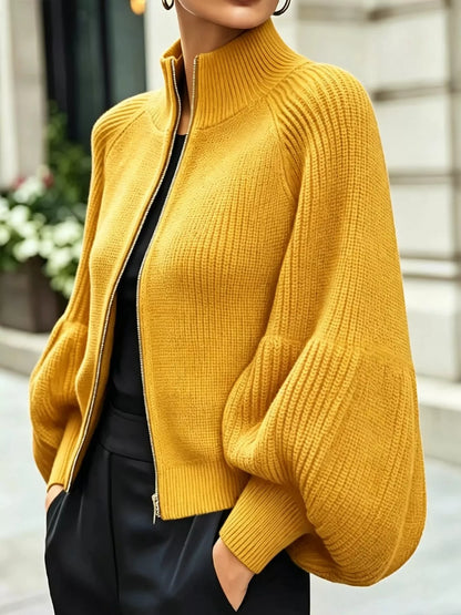 Full Size Elegant Ribbed Knit Zip-Up Cardigan with Lantern Sleeves Plus Size