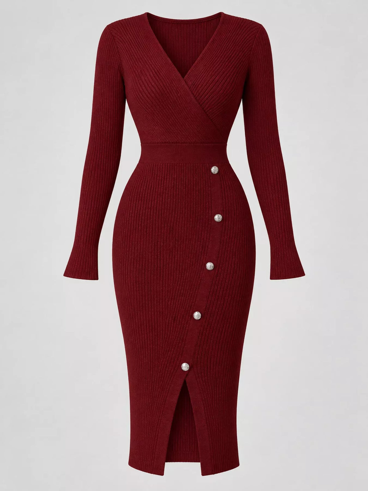 Decorative Button Ribbed Knit Sweater Dress