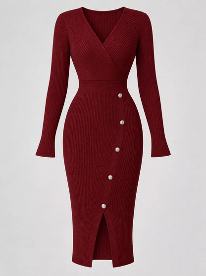Decorative Button Ribbed Knit Sweater Dress