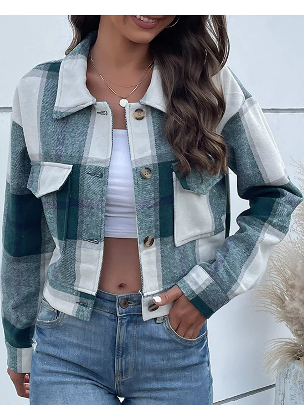 Plaid Button-Up Cropped Jacket