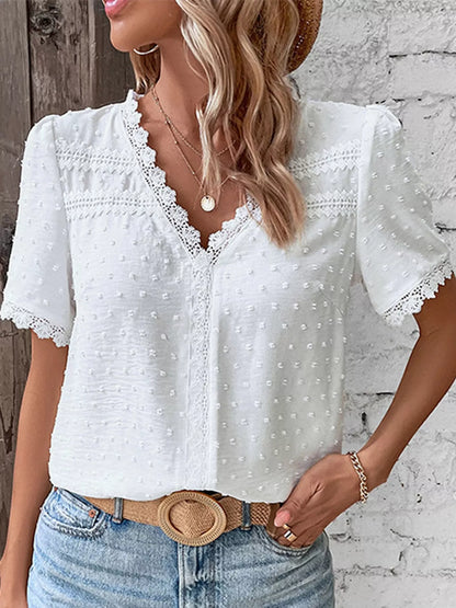 Elegant Swiss Dot V-Neck Blouse with Lace Trim