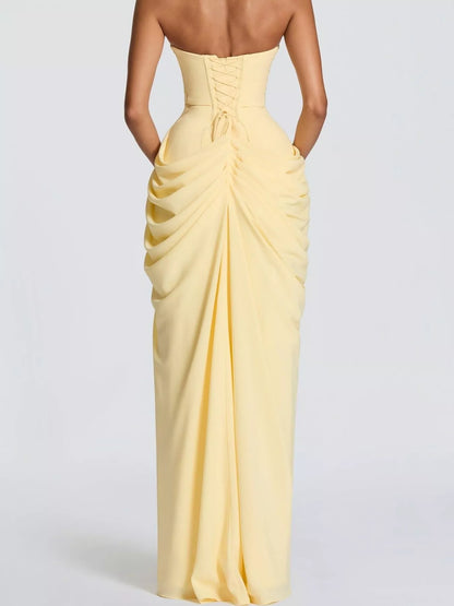 Elegant Strapless Ruched High-Slit Evening Dress