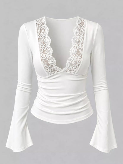 Lace Trim V-Neck Long Sleeve Slim Fit T-Shirt
