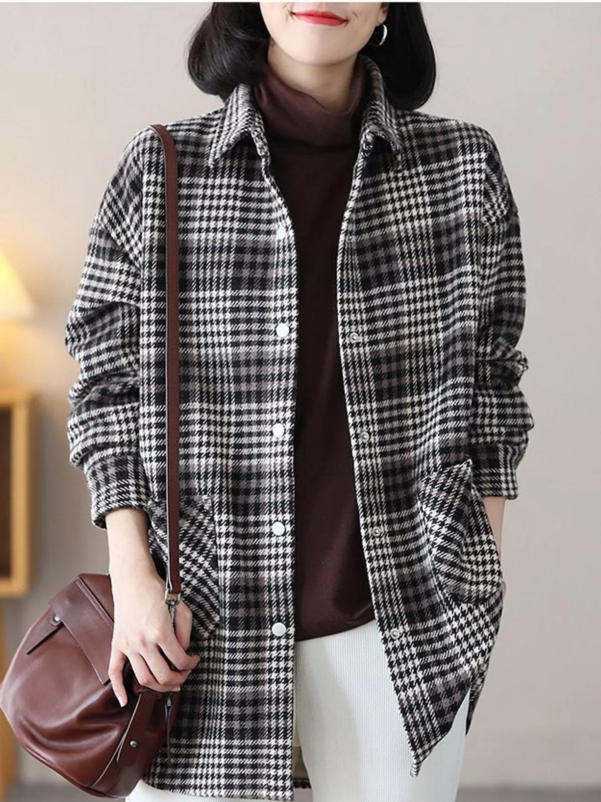 Oversized Plaid Long Sleeve Brushed Shirt with Fleece Lining