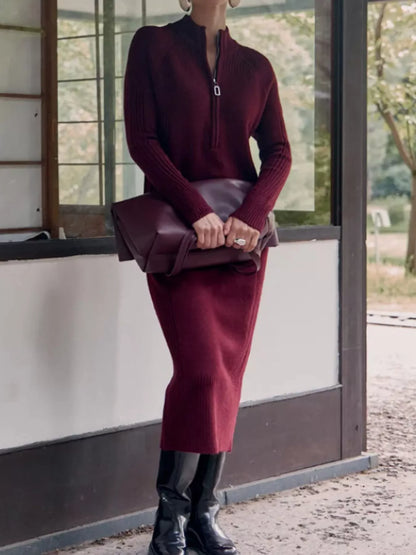 Half-Zip Ribbed Knit Sweater Dress