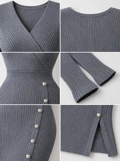 Decorative Button Ribbed Knit Sweater Dress