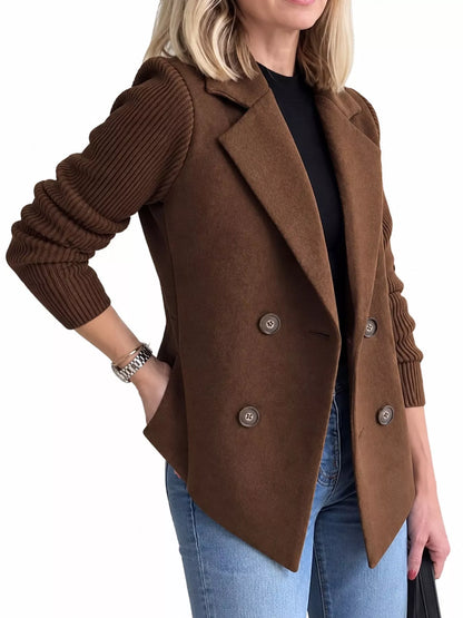 Full Size Double-Breasted Hybrid Blazer with Ribbed Knit Sleeves Plus Size