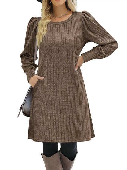 Puff Sleeve Ribbed Knit Dress with Pockets
