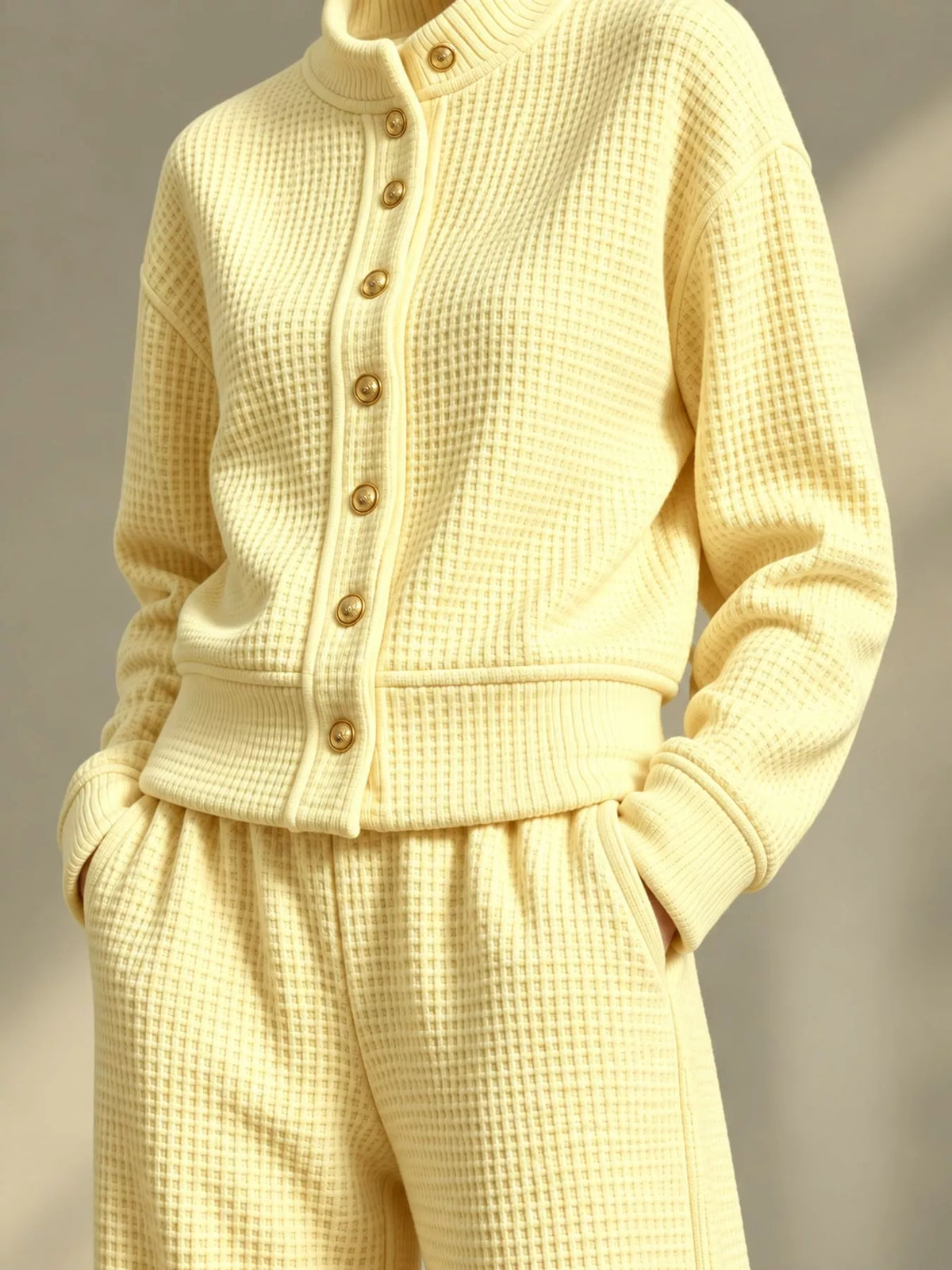 Waffle Knit Button-Up Outerwear and Wide-Leg Pants Set